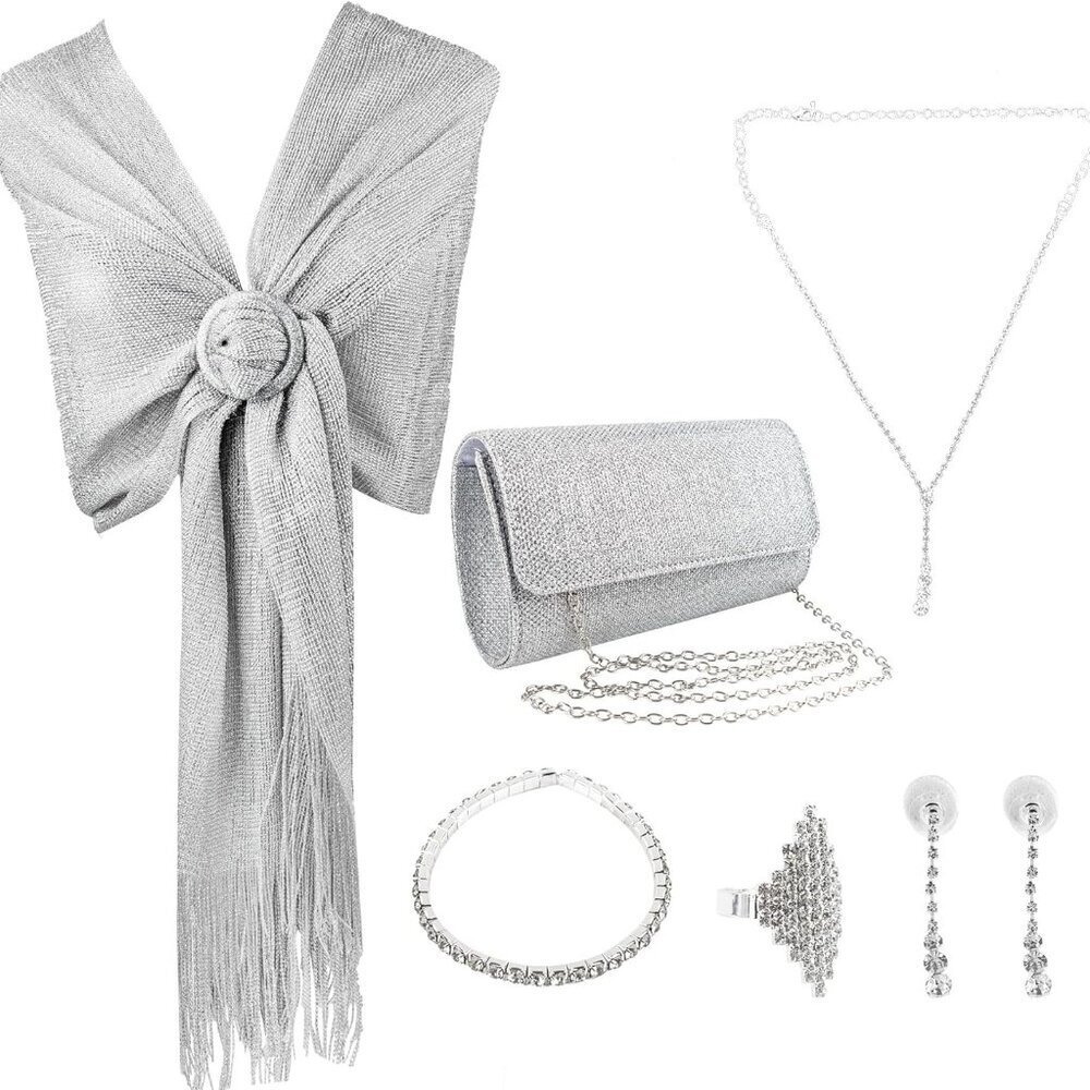 Dazzling 6 Piece Rhinestone Jewelry Set with Clutch and Shawl for Celebrations
